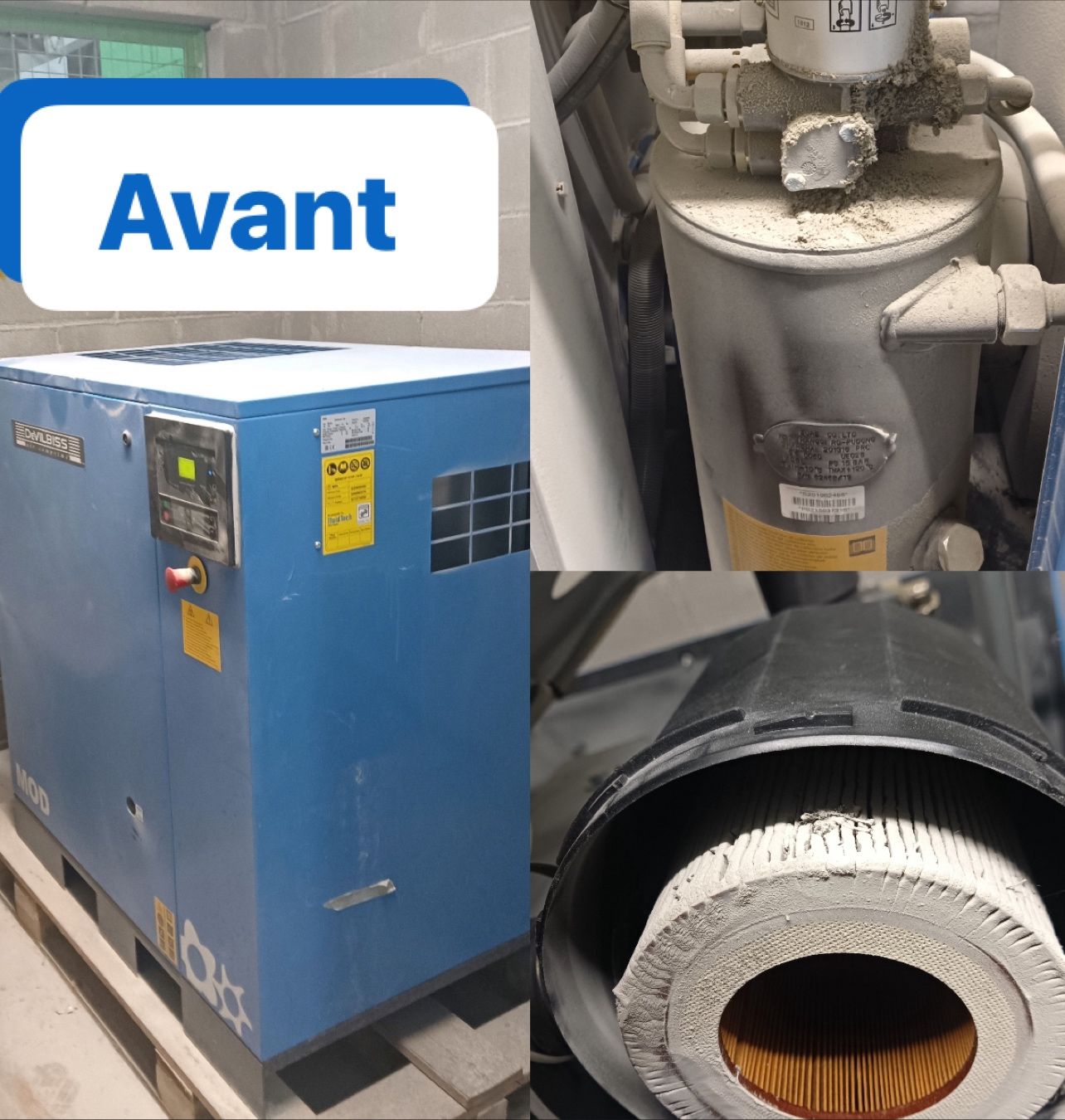 Installation d'un compresseur d'air industriel en panne en attente de réparation